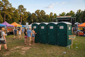 Porta potty rentals lined-up outside during a fesitval.